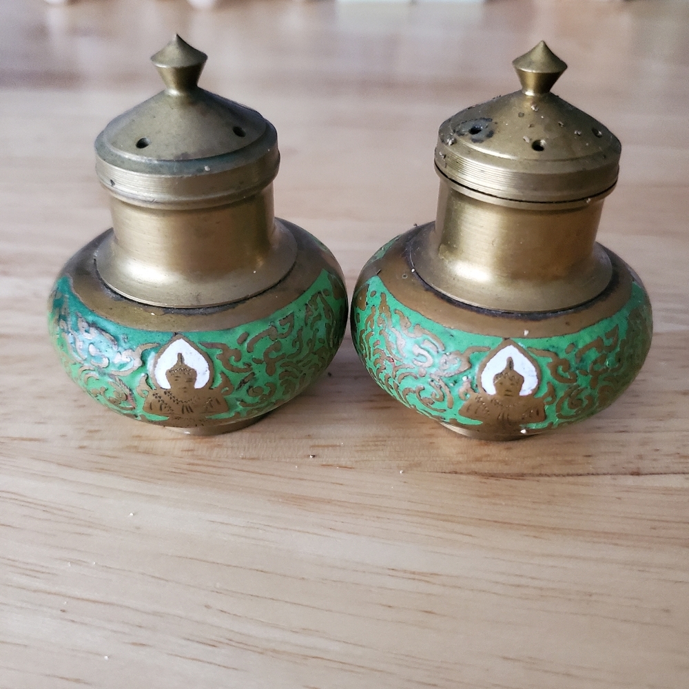 Buddha Salt And Pepper Shakers Metal Painted Green